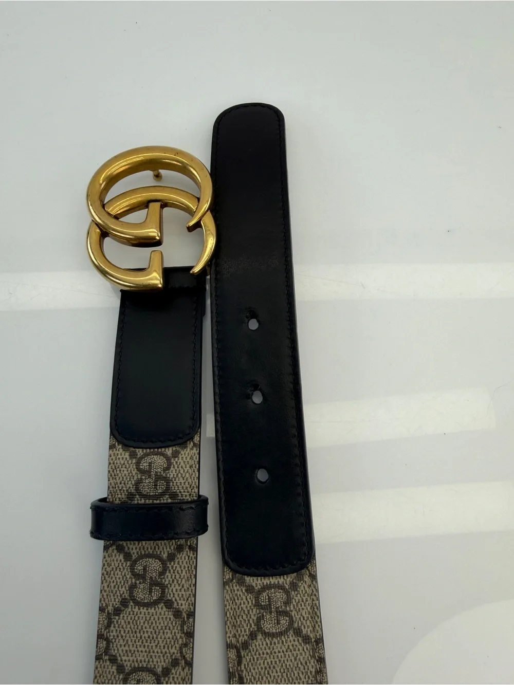 Authentic Gucci Marmont GG Double G Khaki Black Belt 625839 80/32